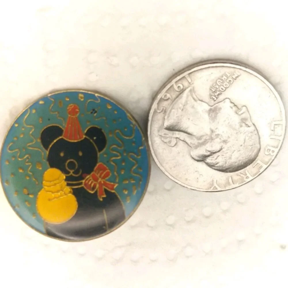 Vintage Enamel Birthday Party Bear Pin - Black Teddy Bear with Party Hat & Bow